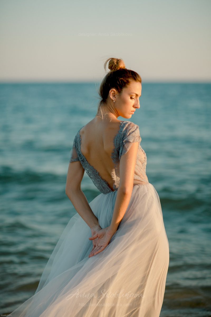 Delicate and airy grey wedding dress by Anna Skoblikova
