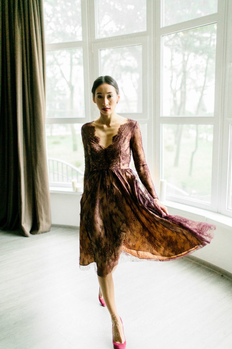 Simple berry red lace middle length wedding dress by Anna Skoblikova
