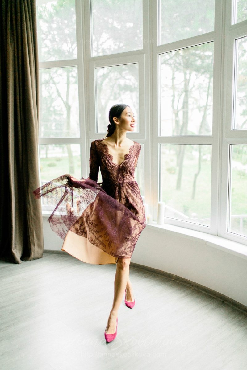 Simple berry red lace middle length wedding dress by Anna Skoblikova