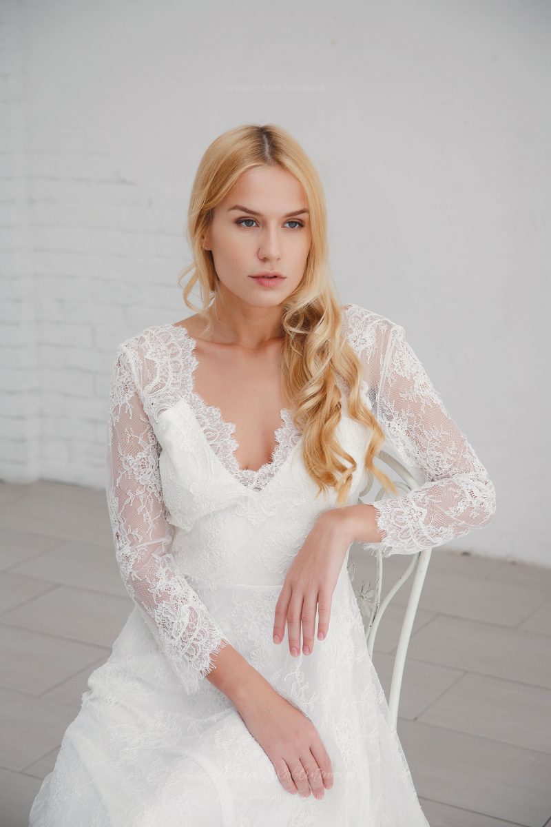 V back wedding dress with 34 sleeves by Anna Skoblikova