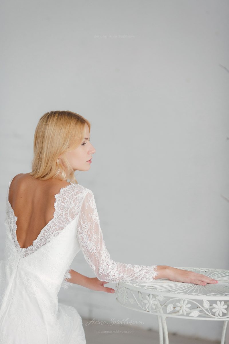 V back wedding dress with 34 sleeves by Anna Skoblikova