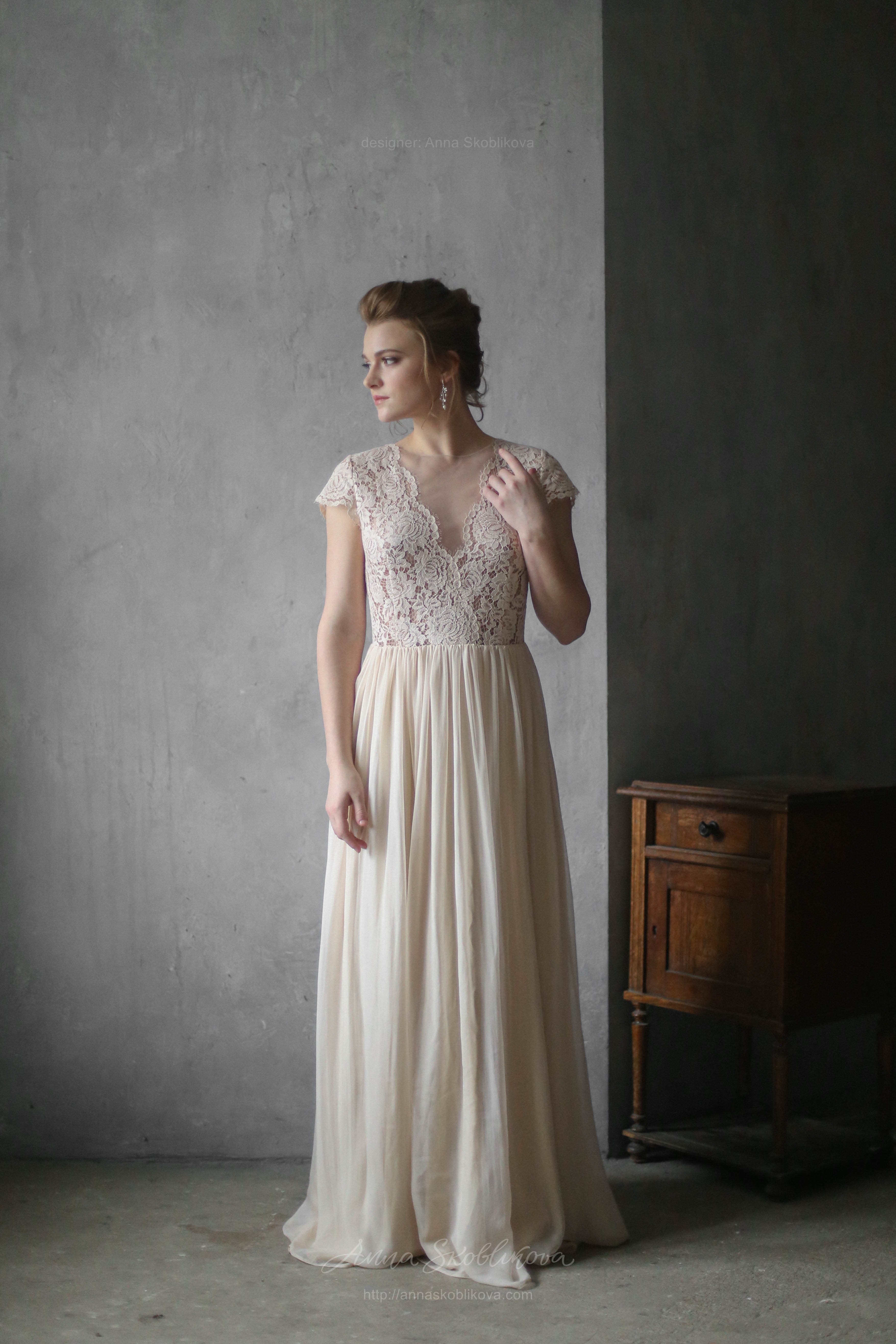 Natural  silk and French lace wedding  dress  Anna 