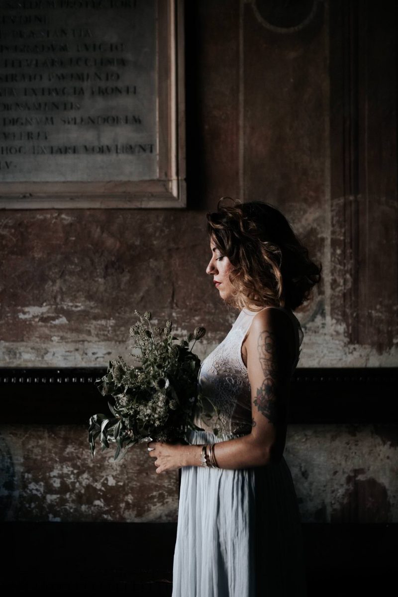 Sleeveless wedding dress with blue skirt by Anna Skoblikova