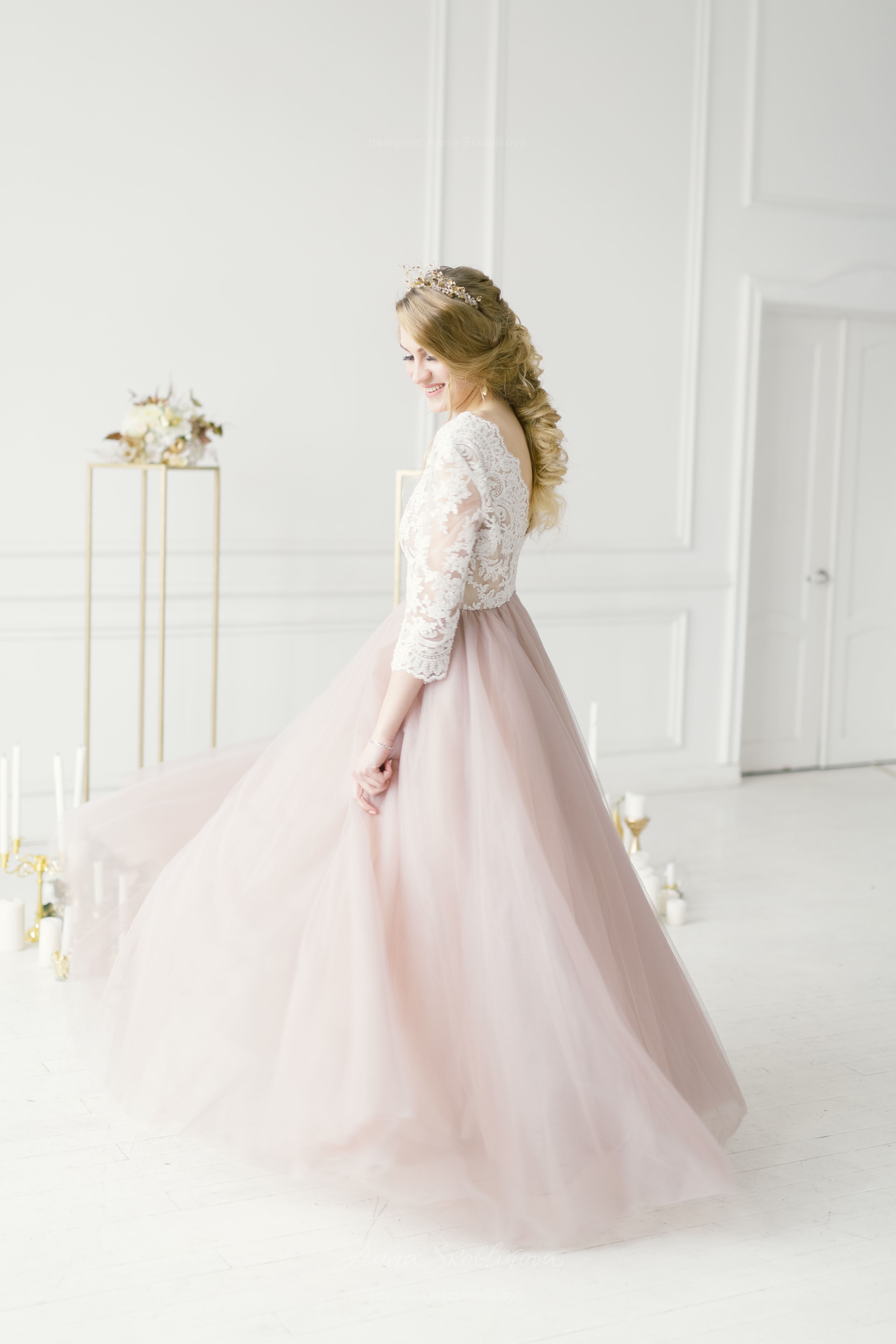 Strapless Pearl Pink Lace and Tulle Sheath Bridal Dress - BETANCY