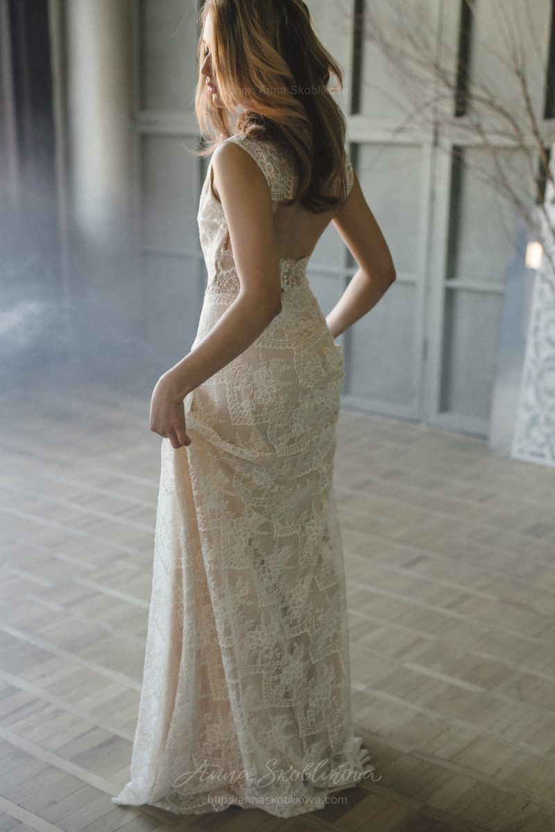 Champagne lace wedding dress with open back by Anna Skoblikova