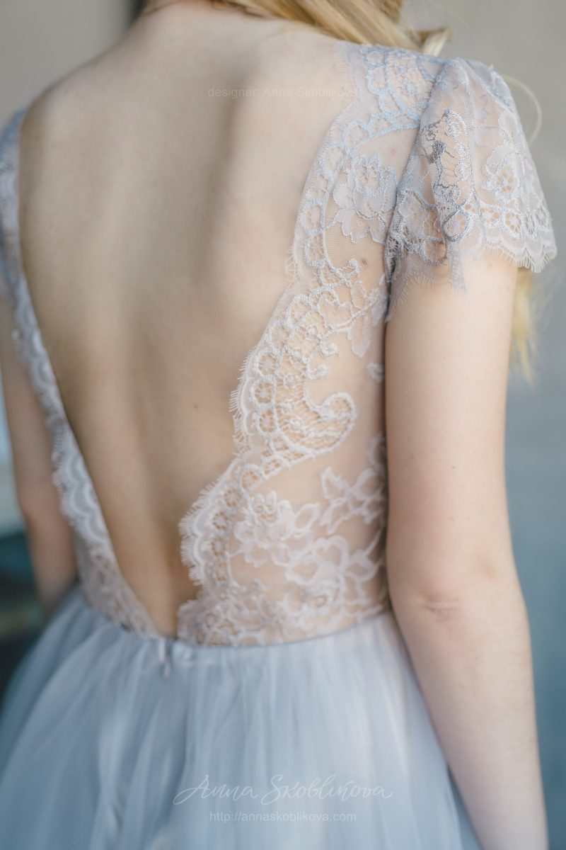 Grey wedding dress with fine lace waist by Anna Skoblikova