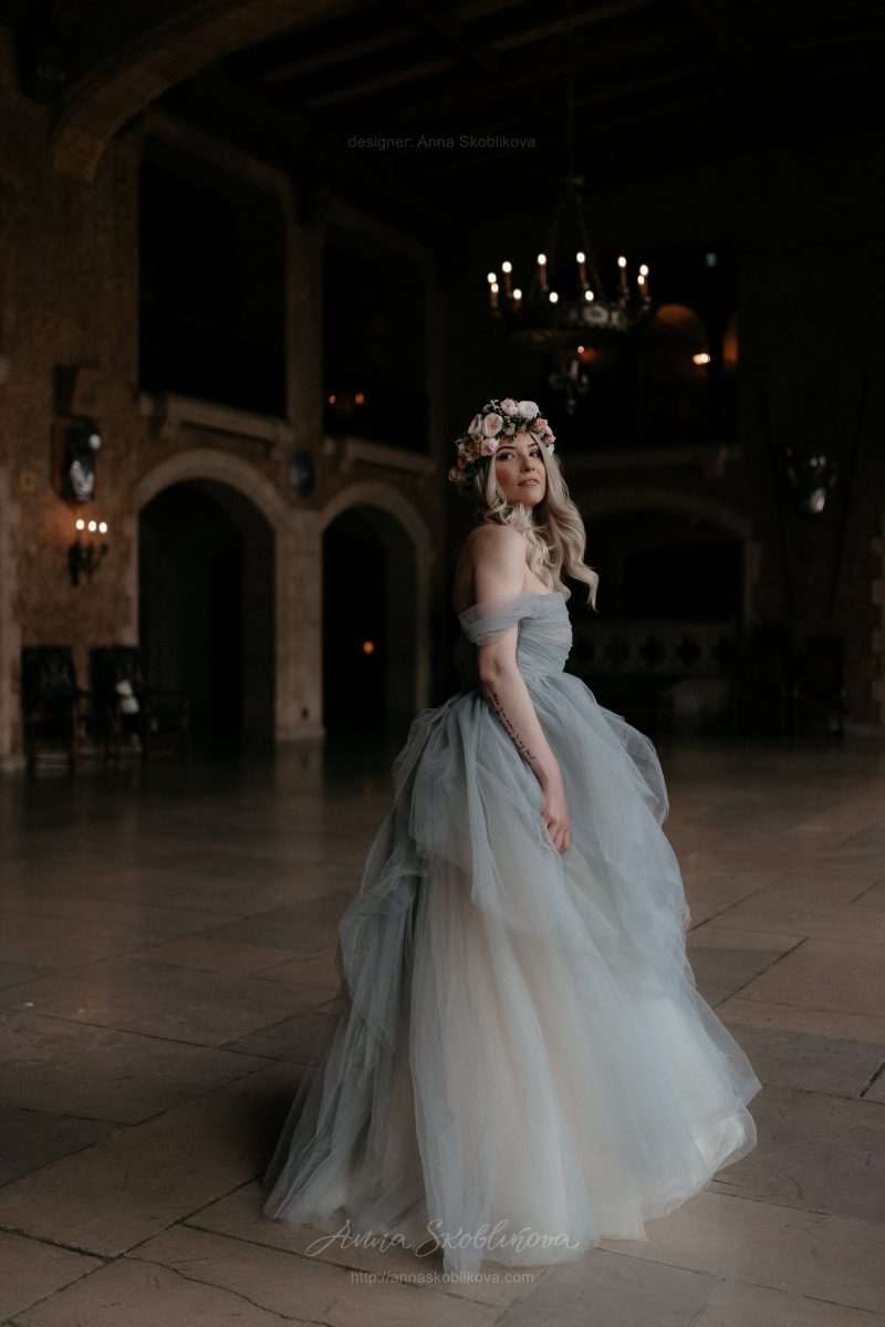 Grey Off the shoulder Wedding Dress by Anna Skoblikova