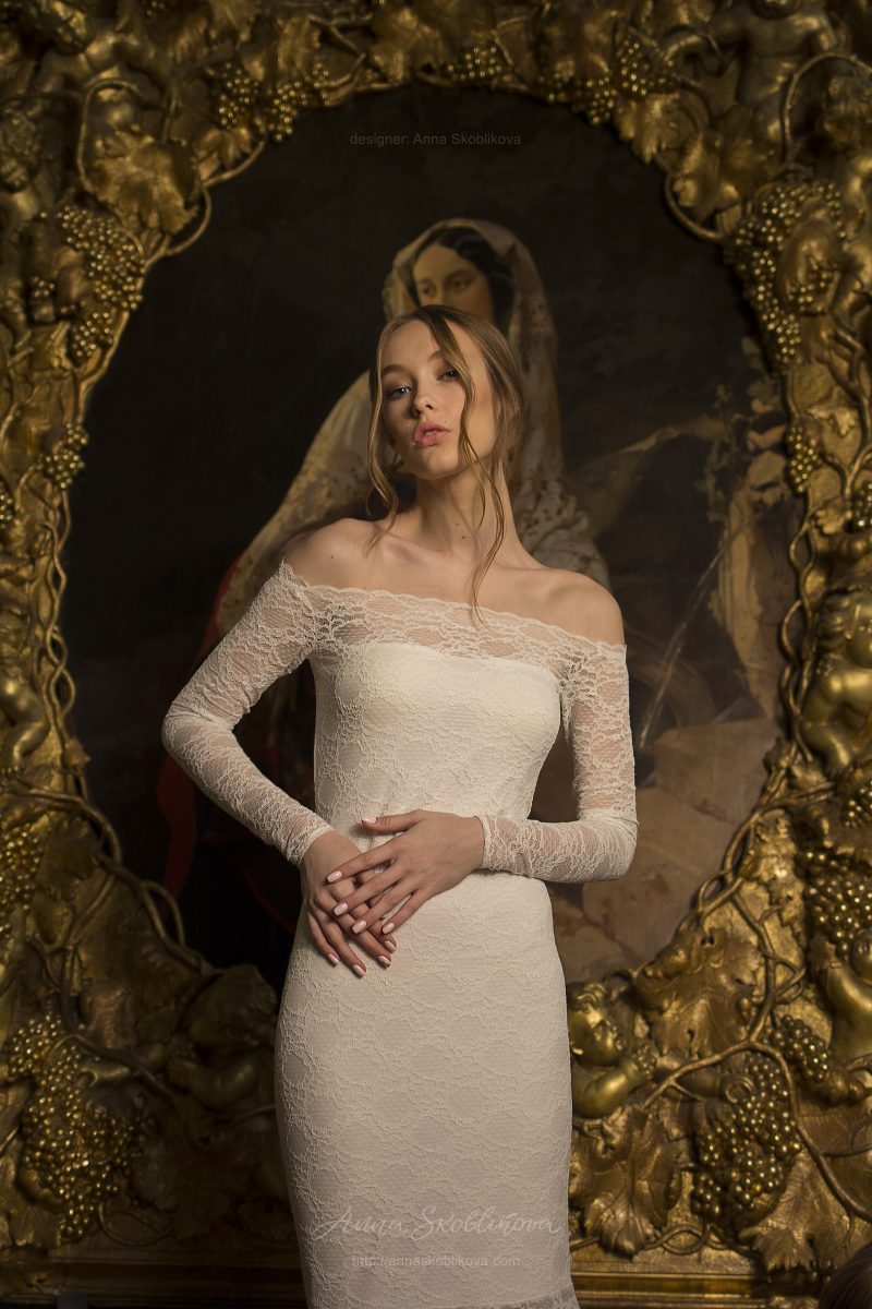 Olivia - Modest, charming, scattered lace wedding gown emphasizes the elegancy of shoulders and neck \\ Anna Skoblikova