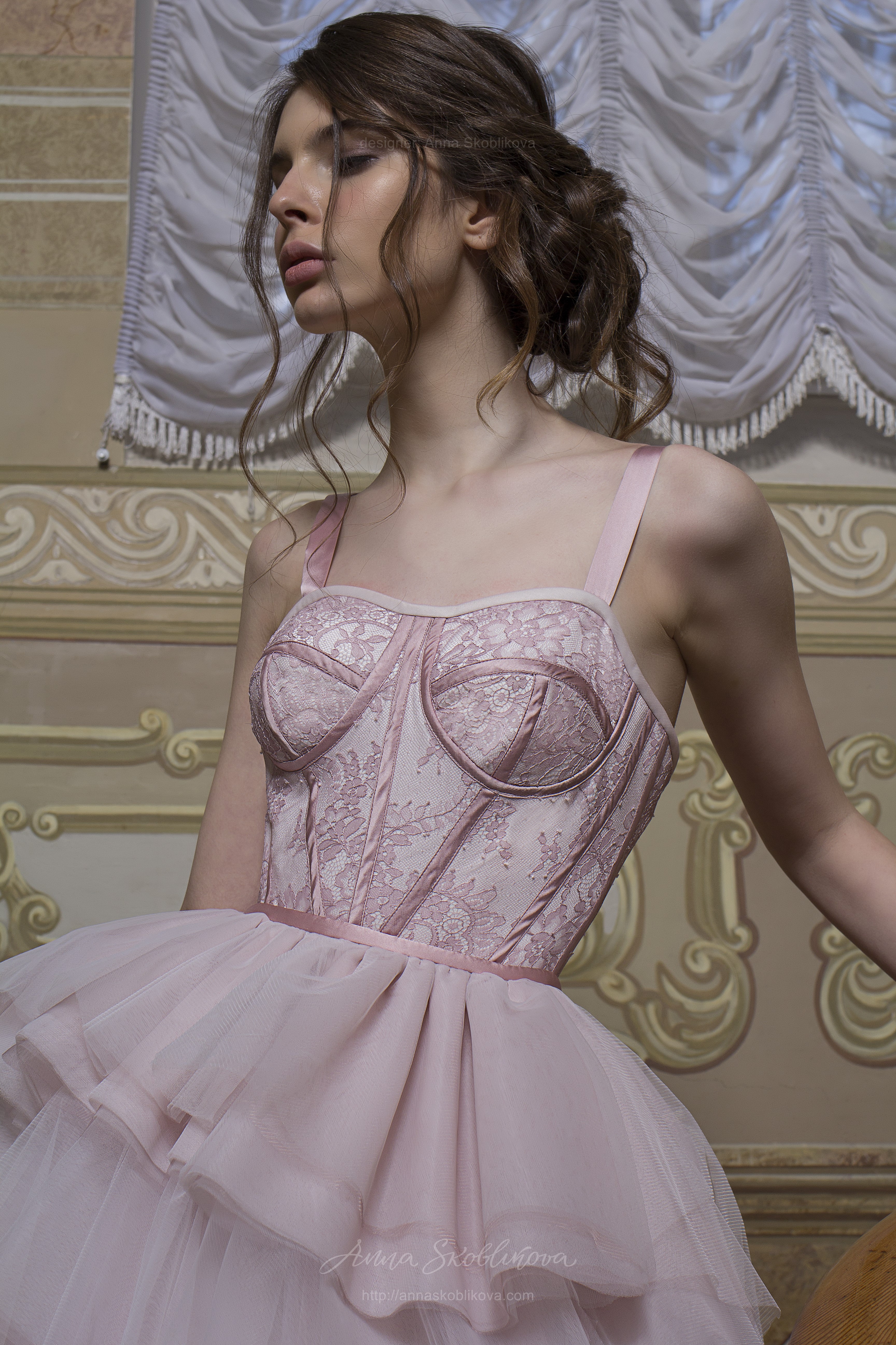 Unique Pink wedding dress with designer Solstiss lace corset
