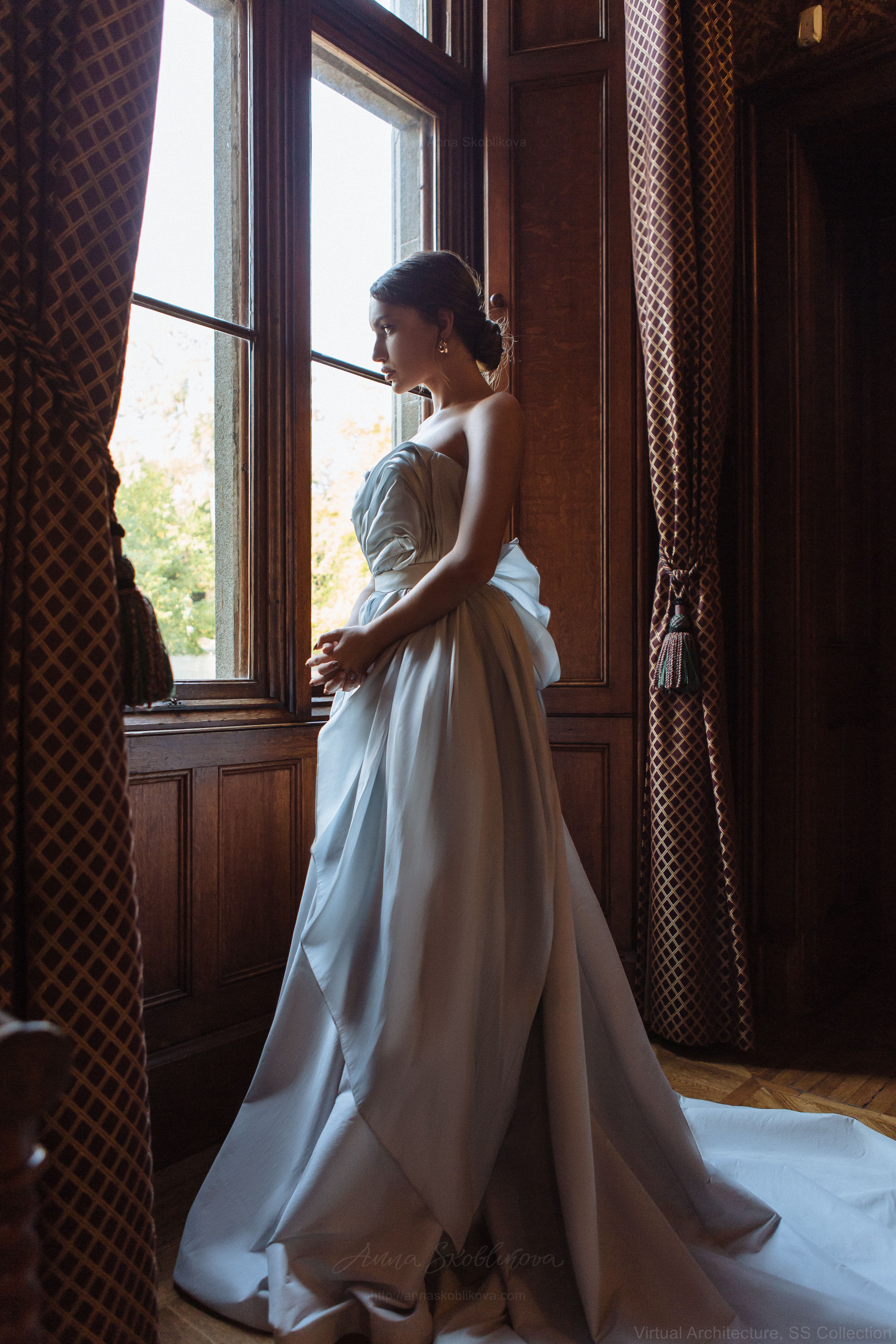 Rhapsody - Dusty blue wedding dress from natural silk organza