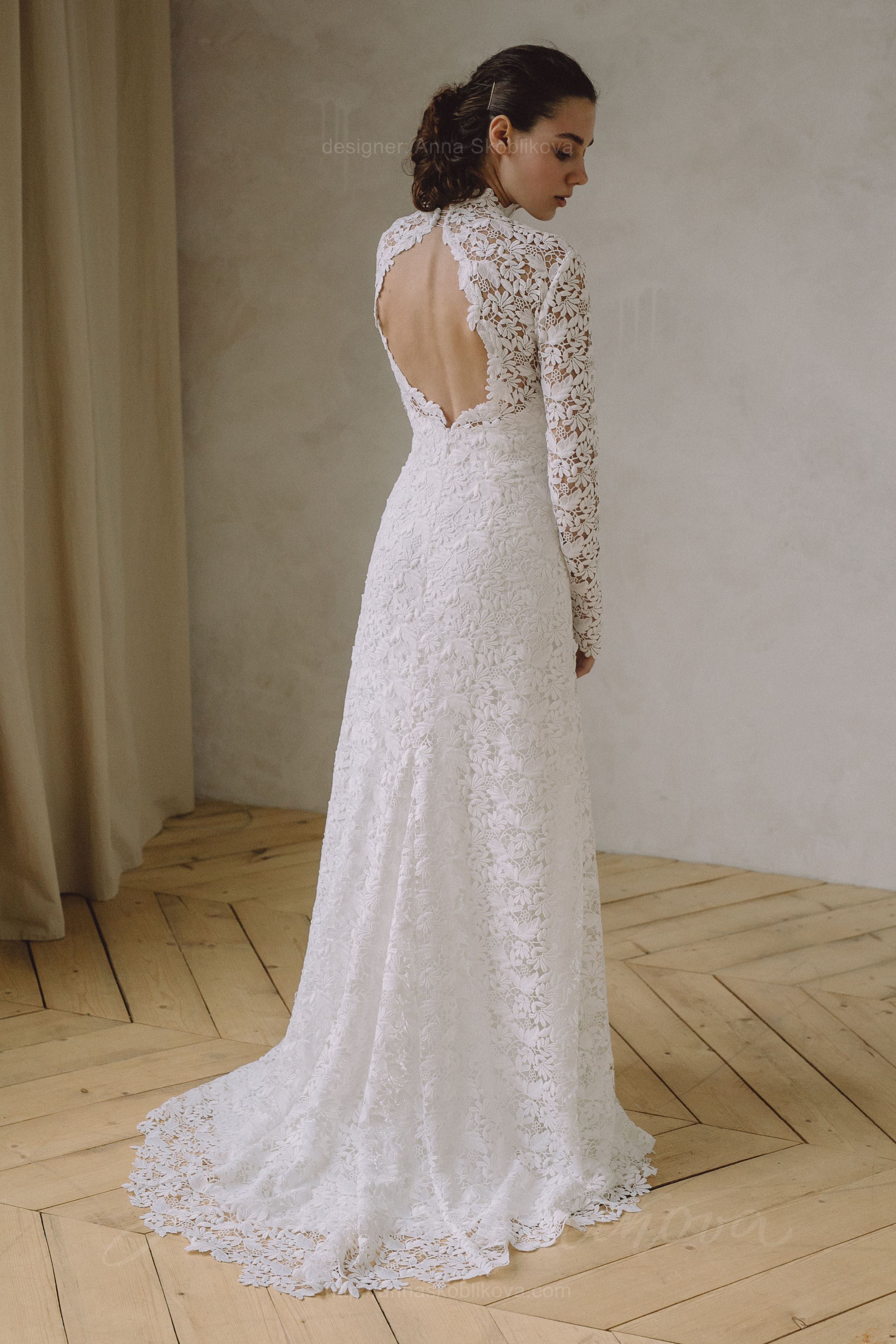 High neckline lace wedding dress with keyhole back - Vivienne
