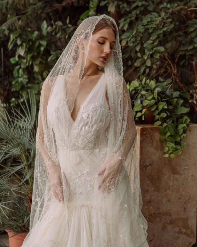 High neckline lace wedding dress with keyhole back - Vivienne